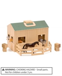 It's a natural! With a decorative green shingled roof, Melissa and Doug's Fold and Go wooden stable provides a happy home for 4 plastic horses. When open, your little farmer or equestrian has easy access to the hayloft with a wooden ladder and 4 bales of hay. There's a stall for each horse, lots of sliding and swinging doors and a folding corral to keep the horses in the barnyard.