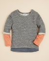 Splendid Little's marled sweatshirt features raw edges and striped sleeved and hem insets for a sporty rag-tag look.