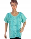 Bohemian Indian Fashion Stylish Aqua Floral Embroidered Cotton Top Blouse for Womens Size Xl