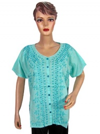 Bohemian Indian Fashion Stylish Aqua Floral Embroidered Cotton Top Blouse for Womens Size Xl