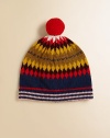 Featuring a colorful, geometric intarsia design in toasty lambs wool with a pom-pom.Pull-on styleWoolDry cleanImported