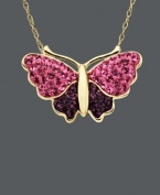 Style suited for the free spirit. This vibrant butterfly pendant by Kaleidoscope shines with the addition of dark and light purple crystals with Swarovski elements. Crafted in 18k gold over sterling silver. Approximate length: 18 inches. Approximate drop: 6/10 inch.