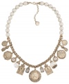 Antique appeal. Carolee's traditional and tasteful necklace combines vintage-themed coin charms with glass pearls and trendy tassels. Crafted in gold tone mixed metal. Approximate length: 18 inches + 2-inch extender. Approximate drop: 1-1/4 inches.