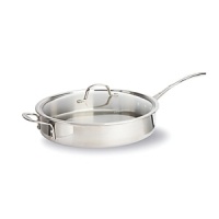 This Tri-Ply Calphalon sauté pan features an updated lid design to give lower profile and a cool V stainless steel handle. Classic vessel design, induction capable magnetic stainless steel exterior.