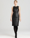 A striking look from every angle, this sleek leather French Connection dress features contrast cotton side panels for a flattering contoured silhouette that's sleek, slimming and tops our list of fall trendsetters.