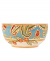 A fresh twist on a familiar pattern, the Carissa Paisley fruit bowl by Fitz and Floyd mixes colorful paisleys with sculpted rope in durable stoneware.