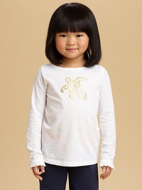 Long-sleeve crewneck with sparkly turtle print on the front, styled with feminine ruffle cuffs. Crewneck Sparkly turtle print Long sleeves with ruffle trim at cuffs Cotton/modal Machine wash Imported