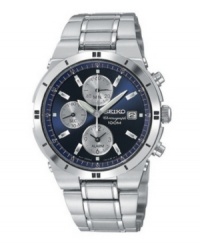 Seiko means style with this classic, handsome chronograph. Watch crafted of polished stainless steel bracelet and round case, 38mm. Bold blue chronograph dial features hours, minutes, seconds, date window, three subdials, three hands and logo. Quartz movement. Water resistant to 100 meters. Three-year limited warranty.