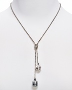 Single strand lariat chain necklace from Majorica with love knot and two opaque beads.