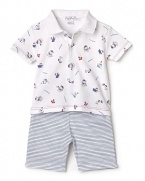 This nautical themed print polo and complementary stripe short will give your little cap'n his sea legs in a snap.