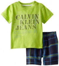 Calvin Klein Baby-boys Infant Tee with Plaided Shorts, Green, 24 Months