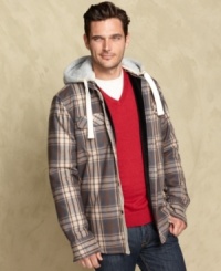 This hooded shirt from Tommy Hilfiger is a cool layer with style to last all season.