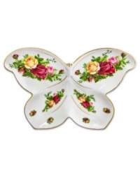 Since 1962, Old Country Roses has graced tables with fresh blooms. This Royal Albert dinnerware has dishes with sprays of colorful English roses that still flourish today, garnishing this whimsical butterfly dish for candies, nuts and other perennial favorites. Accented with 22-karat gold.