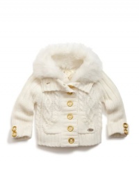 GUESS Kids Girls Little Girl Faux-Fur Trimmed Cardigan, CREAM (5/6)