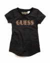 GUESS Kids Girls Big Girl Lurex Stripe Logo Tee, BLACK (7/8)