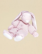 Soft velboa with pastel stripe jersey knit union suit body is perfect for snuggling. Matching stocking cap Embroidered eyes Long fuzzy soft ears 100% polyester fill 22 L Machine wash Imported Recommended for infants and up