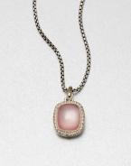 From the Noblesse Collection. A pretty pink mother-of-pearl cabochon surrounded by brilliant diamonds on a sterling silver box chain. Pink mother-of-pearlDiamonds, .3 tcwSterling silverLength, about 17Pendant size, about .47Lobster clasp closureImported 