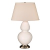 Lily glazed ceramic finish. Antique silvertone finished accents. Three way switch. Pearl Dupioi fabric shade.