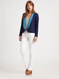 Elegantly tailored in a cropped single-button design that boasts a shapely satin shawl collar.Deep V necklineFlange sleevesChest welt pocketFlap hip pocketsDouble back ventAbout 23 from shoulder to hemBody: viscose; collar: 95% polyester/5% spandexDry cleanImported of Italian fabricModel shown is 5'8½ (174cm) wearing US size 4.