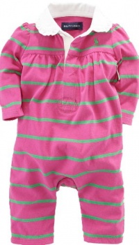 Ralph Lauren Layette Girl's Rugby-Striped Coverall (6 Month, College Pink)