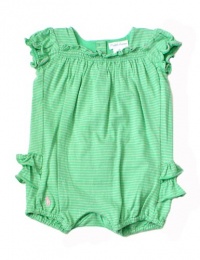 Ralph Lauren Layette Polo Pony Baby Pink and Green Bubble Ruffle Stripe Shortalls Shorts, Size 6 Months