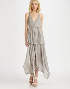 Tonal striped highlight this airy jersey knit crafted with a tiered handkerchief hem.V necklineSleevelessWrap-around beltTiered hemRacerbackAbout 43 from natural waist55% rayon/45% spandexDry cleanMade in USAOUR FIT MODEL RECOMMENDS ordering true size. 