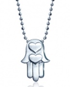 A shining silver heart-stamped Hamsa hand pendant necklace from Alex Woo.