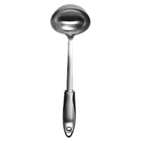 These tools feature brushed stainless steel handles for strength and durability and OXO International's trademark flexible fins for ultimate comfort. The generously proportioned head on our Ladle lets you serve ample portions of your favorite soups, stews and sauces. The contoured handle rests comfortably in your hand for a secure and comfortable grip.