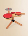 Little ones will love playing with a colorful drum set complete with two sticks, two drums and a cymbal. Helps stimulate hand-eye coordination, concentration skills and stress relief For ages 3 and up Set made entirely from recycled materials About 14W X 14H X 10D About 2.2 lbs. Keep dry Imported