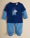 A cute coordinating footie outfit from Absorba in soft knit cotton with graphic stripes.