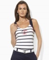 Athletic slim stripes pair with an embroidered anchor and crossed flags to give a sleek stretch cotton tank a dose of chic nautical style, from Lauren by Ralph Lauren.