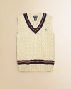 This essential sweater vest is rendered in handsome cable-knit cotton with preppy stripes.V-neckSleevelessPullover styleCottonMachine washImported