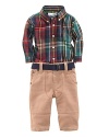 A preppy woven twill pant is paired with a plaid button-down crafted from soft cotton for a timeless heritage look.