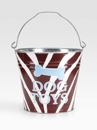 An adorable galvanized bucket is the perfect place for a pup's playthings. It's also a clever gift basket, ready to fill and give to a favorite doglover. Top handle 11H X 11 diameter Made in USA Please note: Each bucket is made to order, so please allow 3-4 weeks for delivery. 