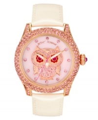 Timeliness is a wise choice. Watch by Betsey Johnson crafted of white leather strap and round polished rose-gold tone stainless steel case covered in crystal accents. Pink mother-of-pearl dial features crystal accent markers, large multicolor owl with crystal accents, rose-gold tone hour and minute hands, signature fuchsia second hand and logo. Quartz movement. Water resistant to 30 meters. Two-year limited warranty.