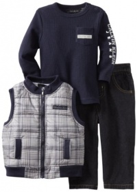 Calvin Klein Baby-boys Infant Plaided Vest With Long Sleeve Tee And Jean, Navy, 18 Months