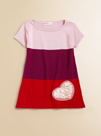 Designed in a mod colorblocked style, this charming knit A-line frock is embellished with a pretty heart apppliqué.BoatneckShort sleevesPullover styleRayon/CottonHand washImported