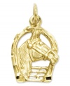 Get equestrian! This shiny charm features an intricately-carved horse head inside a horseshoe, for extra good luck. Crafted in 14k gold. Chain not included. Approximate length: 4/5 inch. Approximate width: 2/5 inch.