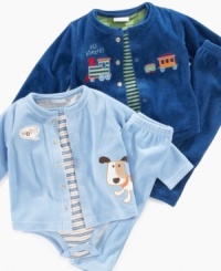 Soft and comfy 3 piece body suit, jacket, and pant set by First Impressions. Perfect for all day play.