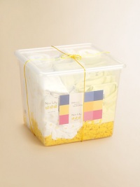 Welcome a little one into the world with a soft, sweet, generous assortment of baby basics, with yellow duckies, slender stripes and complementary dots and checks, all packed in a reusable clear box.