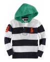 A cozy hoodie is knit with a two-button placket and embroidered numeral at the sleeve for sporty appeal.