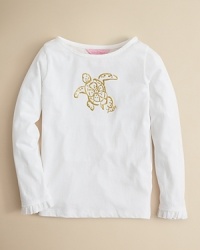 Crewneck tee with goldtone sea turtle print and ruffled cuffs.