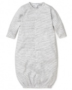 Sporty but soothing gray stripes envelop him in cozy comfort with this striped gown from Kissy Kissy.