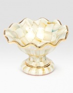 This one-of-a-kind centerpiece, crafted in lustrous, hand-painted terra cotta with color-dragged checks and golden trim, creates an understated and elegant presentation for your meal.Ceramic with golden lustre5.75 diam.4 tallHand washMade in the USA