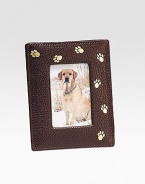 Handcrafted of French goatskin with a gold trail of paw prints, it's an ideal display for the four-legged love of your life. Holds 2¾ X 3¾ photo Made in USA Additional InformationShipping timeline for this itemThis item cannot be shipped via Rush, Next Business Day, Saturday delivery.This item cannot be shipped to a P.O. Box, APO/FPO or U.S. Territory. This item will ship directly from the vendor. Gift wrap not available for this item. 