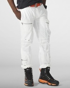 Metal zippers and grommets give a modern moto-inspired look to an essential cargo pant in lightweight cotton poplin.