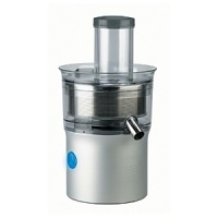 Brushed stainless steel juicer. Induction motor is capable of producing a quart of juice in 1 minute. Uses blades and sieve to separate juice from pulp. Large food tube with whole fruit capacity. Interlock system for safety and security.