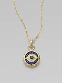 Textured links of 18K yellow gold hold a protective evil eye, radiantly formed of white, blue and black sapphires.Sapphires14K yellow goldChain length, about 17Pendant diameter, about ¾Lobster claspImported