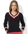 Lauren Ralph Lauren's classic cricket sweater makes a sporty statement in cable-knit cotton with contrast stripes at the neckline and cuffs.