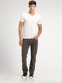 Handsome versatility for every man in overdyed, straight-leg Italian cotton chino. Five-pocket style 98% cotton/2% elastane Machine wash Made in USA 